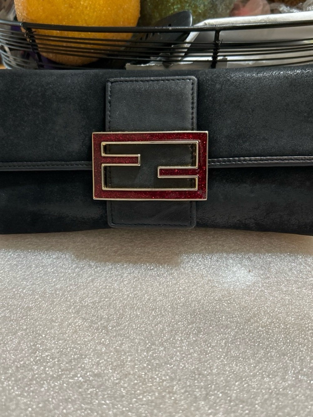 FENDI Black Suede Red-Enameled Logo Wallet